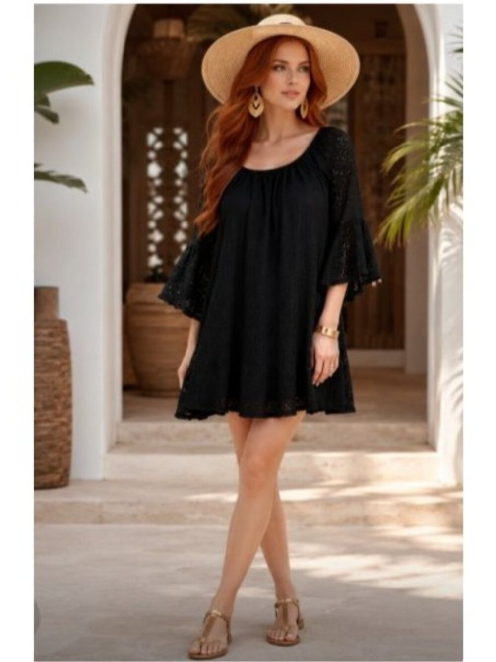 L&B Black Eyelet Lace Peasant Dress L/XL Boho Rayon 3/4 Sleeve Mini Tunic Resort